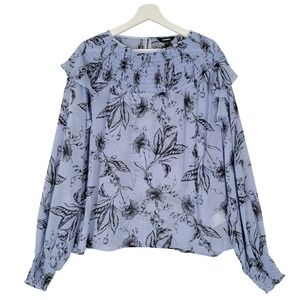 Express Floral Blouse Womens XL Blue Smocked Ruffle Shoulder Chiffon Top